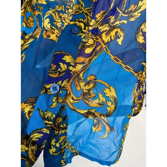 Bebe Mulberry Silk Womens Baroque Print Sheer Button Up Top size XS Long Sleeve - Picture 9 of 13